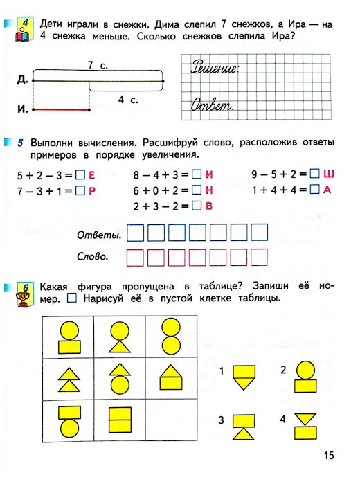 Изображение 15 страницы рабочей тетради по математике 1 класс Дорофеев, Миракова, Бука - 2 часть Страница 15 из рабочей тетради по математике 1 класс Дорофеев, Миракова, Бука - 2 часть