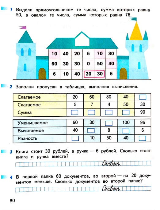 Изображение 80 страницы рабочей тетради по математике 1 класс Дорофеев, Миракова, Бука - 2 часть Страница 80 из рабочей тетради по математике 1 класс Дорофеев, Миракова, Бука - 2 часть