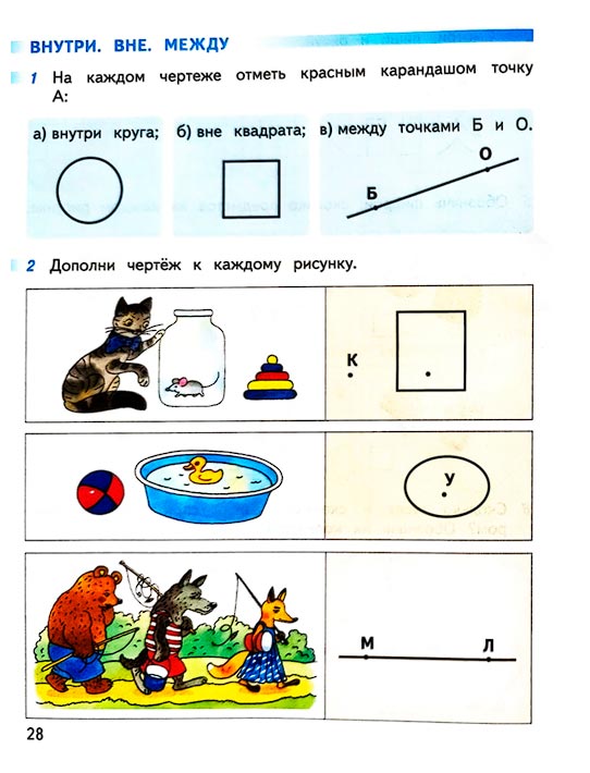 Изображение 28 страницы рабочей тетради по математике 1 класс Дорофеев, Миракова, Бука - 1 часть Страница 28 из рабочей тетради по математике 1 класс Дорофеев, Миракова, Бука - 1 часть